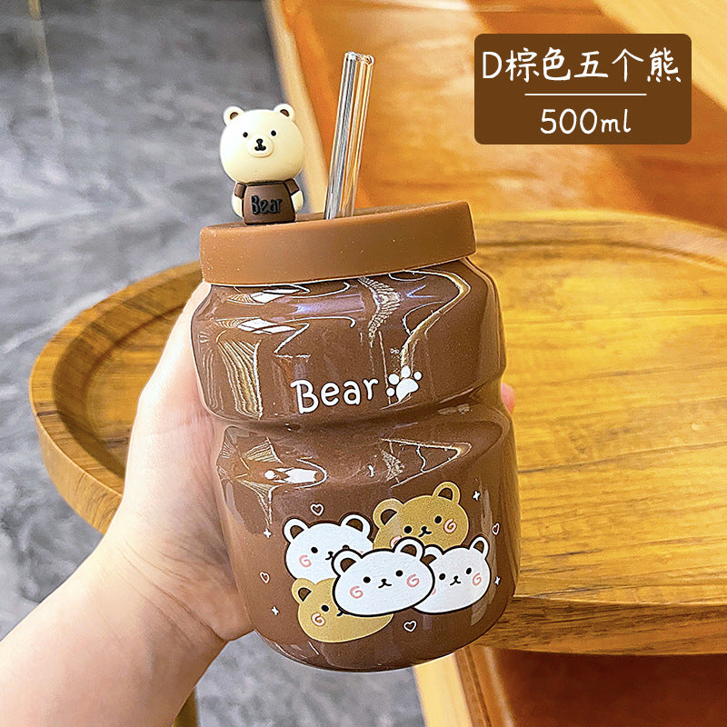 Cartoon Ceramic Straw Cup Cute High-value Bear Water Cup Mug Male and Female Student Household Cup Wholesale