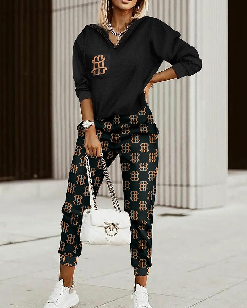 New Fashion Women Plaid Print Zipper Front Hooded Top & Pants Set Two Pieces Suit Flare Pants Outwear