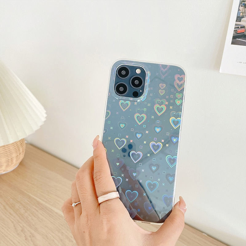 Fashion Gradient Laser Love Heart Pattern Clear Phone Case For iPhone 11 12 Pro Max X XS XR 7 8 Plus SE 2020 Shockproof Bumper