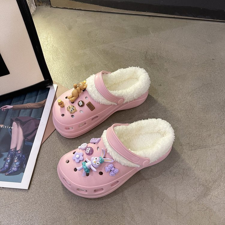 Autumn and winter new velvet thick bottom hole shoes female handmade DIY cartoon Korean version indoor and outdoor two wear a pedal cotton mop