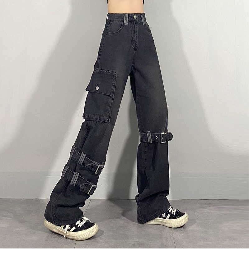 Goth Black Buckle Cargo Loose Jeans
