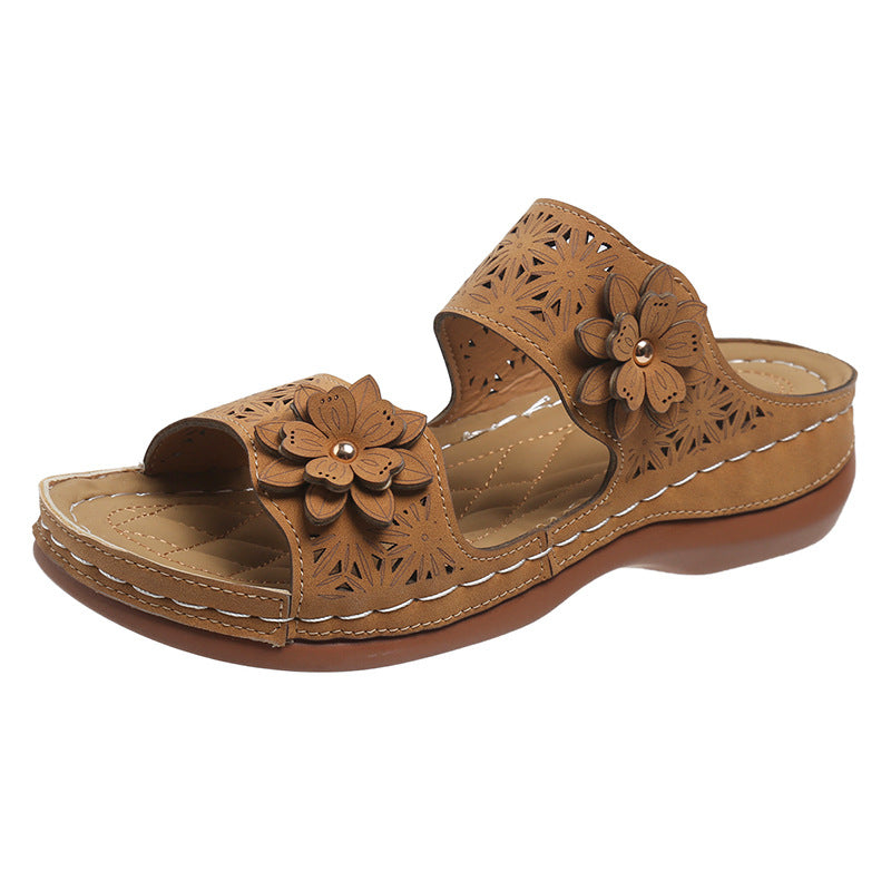 0 autumn new large size foreign trade women's shoes mid-heel solid color hollow casual flower open-toed slippers