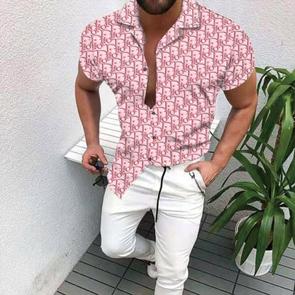 Hot Sale Men's Hawaii Shirt casual slim Turn-down Collar Short Sleeve Shirt Casual brand printed monogram shirt