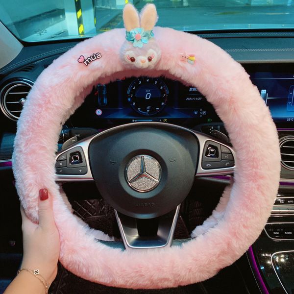 2022 new rabbit radish bear car steering wheel cover autumn and winter plush sweat-absorbing anti-skid handlebar cover goddess