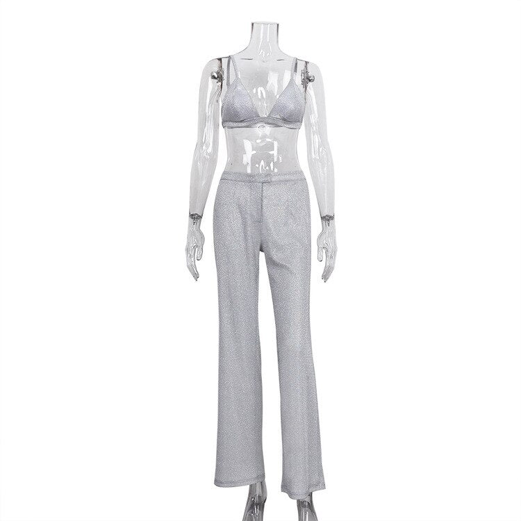 Silver Banquet Party Two Piece Pants Set Lapel Long Sleeve Blazer + High Waist Straight Pants 2022 Autumn Winter New