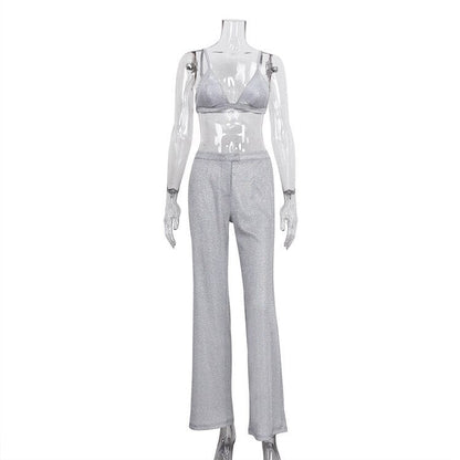 Silver Banquet Party Two Piece Pants Set Lapel Long Sleeve Blazer + High Waist Straight Pants 2022 Autumn Winter New