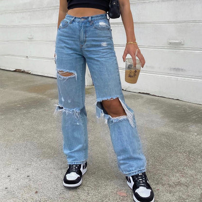 Spot Amazon AliExpress Women's Jeans Trousers Hole Thin Women's Jeans Trousers