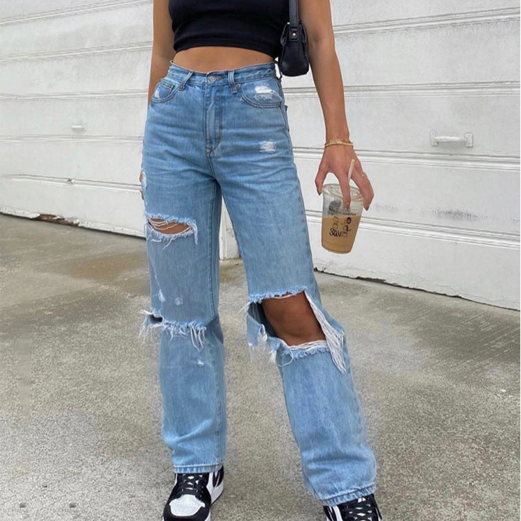 Spot Amazon AliExpress Women's Jeans Trousers Hole Thin Women's Jeans Trousers