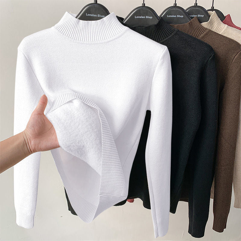 Winter Turtleneck Sweater Women Keep Warm Fleece Lined Knitted Pullovers Korean Fashion Velvet Basic Slim Knitwear Jumper Tops