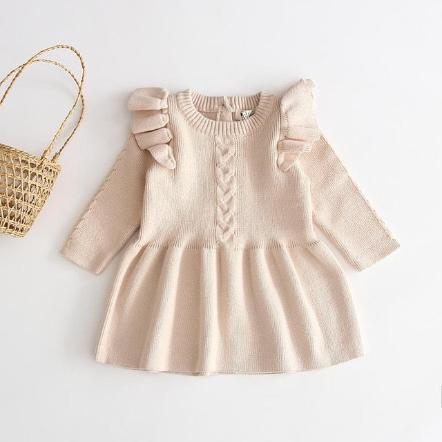 Cable Knit Frill Cap Long Sleeved Dress