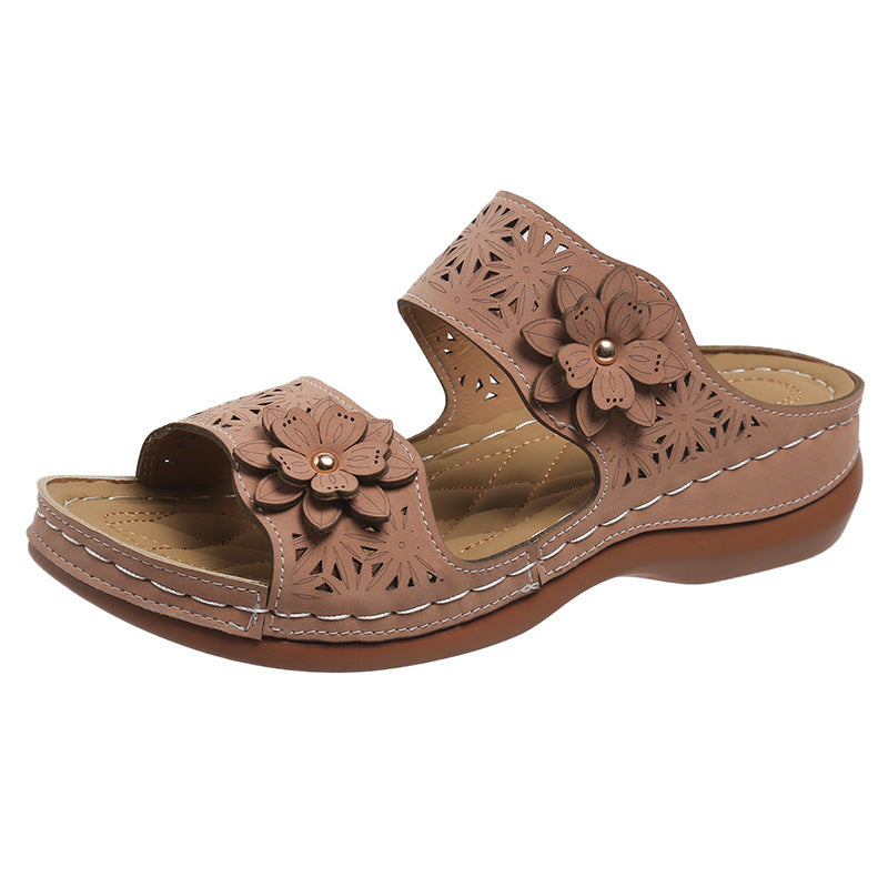 0 autumn new large size foreign trade women's shoes mid-heel solid color hollow casual flower open-toed slippers
