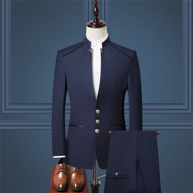 Stand Collar Men Blazer Pants Vest Business Men's Wedding Suit Jacket Coat Trousers Waistcoat High Quality Slim Vest Dress Set