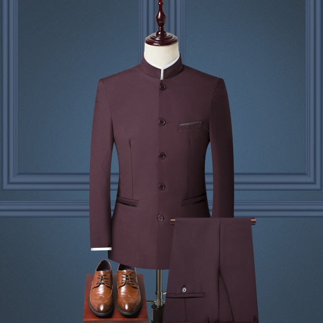 Stand Collar Men Blazer Pants Vest Business Men's Wedding Suit Jacket Coat Trousers Waistcoat High Quality Slim Vest Dress Set