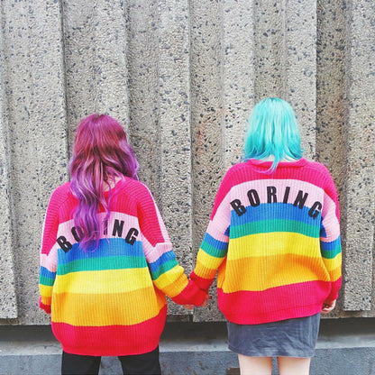 2020 new women's spring and autumn knit shirts, rainbow color strips, striped sweet cardigan sweater loose button buckle jacket
