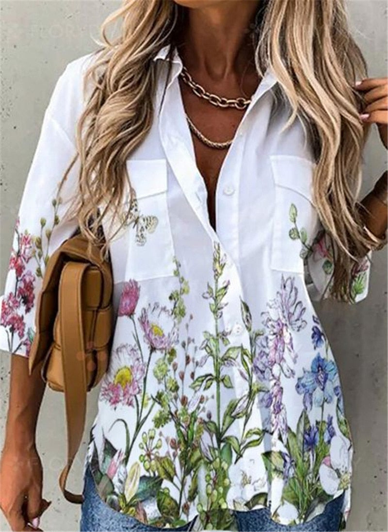 Wenkouban   New Women Shirts Summer Casual Loose Half Sleeve Button Floral Print Shirt Top Female Fashion Elegant Cardigan Blouses Plus Size