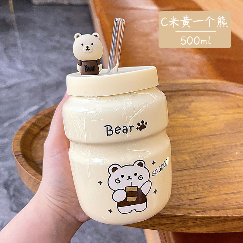 Cartoon Ceramic Straw Cup Cute High-value Bear Water Cup Mug Male and Female Student Household Cup Wholesale
