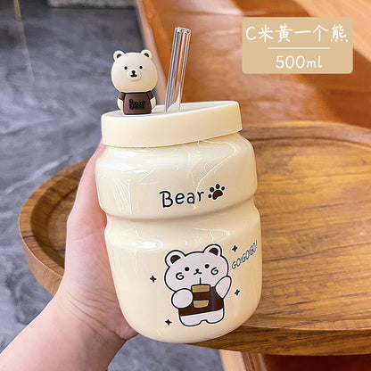 Cartoon Ceramic Straw Cup Cute High-value Bear Water Cup Mug Male and Female Student Household Cup Wholesale