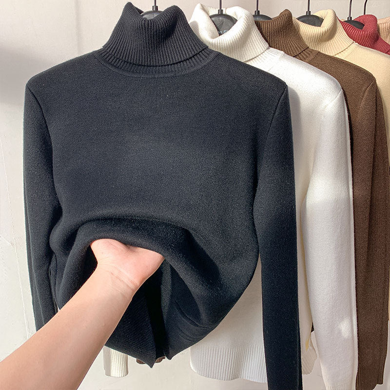 Winter Turtleneck Sweater Women Keep Warm Fleece Lined Knitted Pullovers Korean Fashion Velvet Basic Slim Knitwear Jumper Tops
