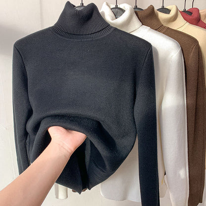 Winter Turtleneck Sweater Women Keep Warm Fleece Lined Knitted Pullovers Korean Fashion Velvet Basic Slim Knitwear Jumper Tops