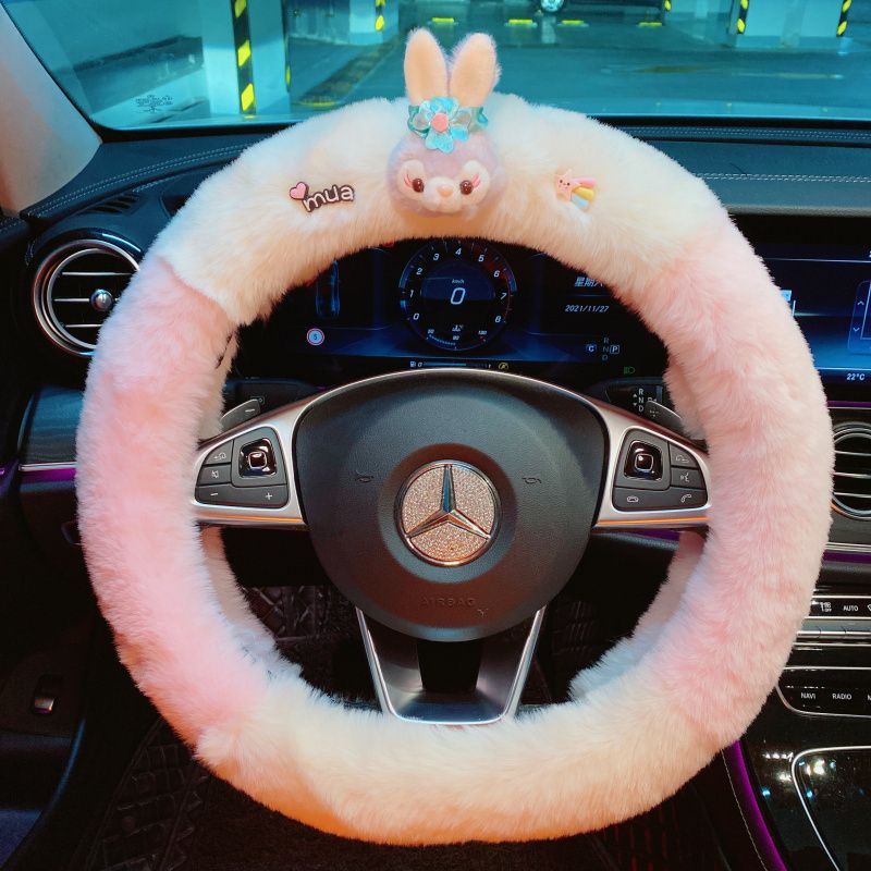 2022 new rabbit radish bear car steering wheel cover autumn and winter plush sweat-absorbing anti-skid handlebar cover goddess