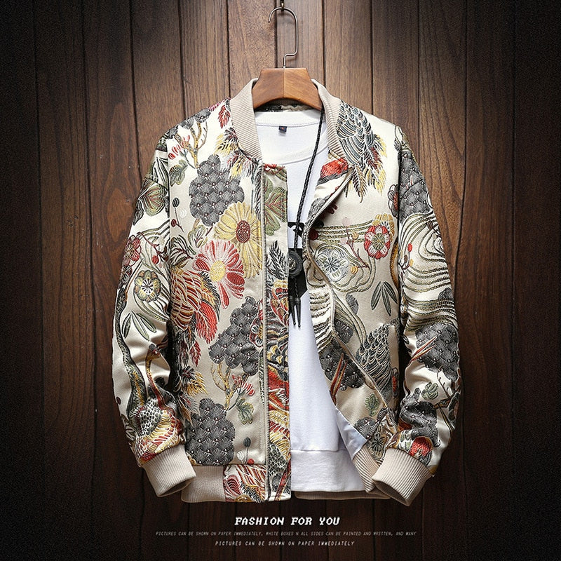 Mens Japanese Embroidery Bomber Jacket Loose Baseball Uniform