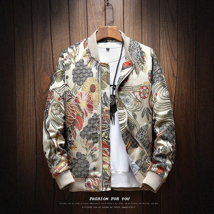 Mens Japanese Embroidery Bomber Jacket Loose Baseball Uniform