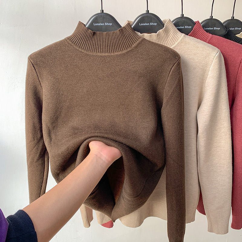 Winter Turtleneck Sweater Women Keep Warm Fleece Lined Knitted Pullovers Korean Fashion Velvet Basic Slim Knitwear Jumper Tops