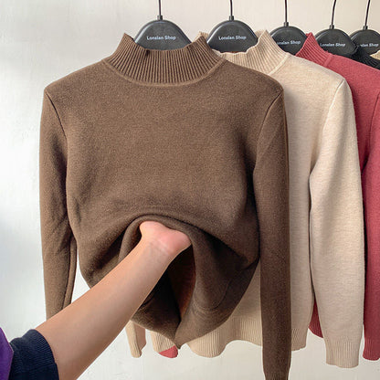 Winter Turtleneck Sweater Women Keep Warm Fleece Lined Knitted Pullovers Korean Fashion Velvet Basic Slim Knitwear Jumper Tops