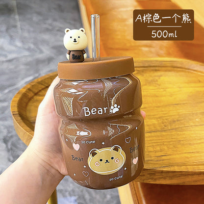 Cartoon Ceramic Straw Cup Cute High-value Bear Water Cup Mug Male and Female Student Household Cup Wholesale