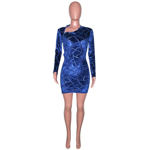 Ingvn Beyprern New Chic Zipped Mini Dress(Royal Blue) Womens Long Sleeve Side Slit Skinny Velvet Short Party Dress Birthday Outfits