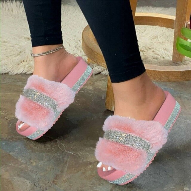 Luxury Fur Rhinestone Slippers for Women