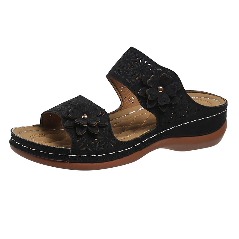 0 autumn new large size foreign trade women's shoes mid-heel solid color hollow casual flower open-toed slippers