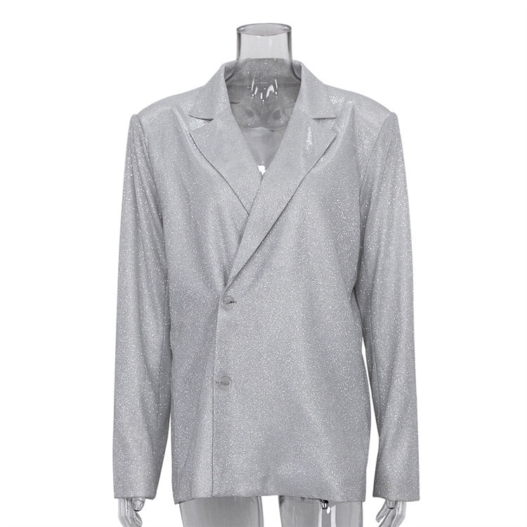 Silver Banquet Party Two Piece Pants Set Lapel Long Sleeve Blazer + High Waist Straight Pants 2022 Autumn Winter New