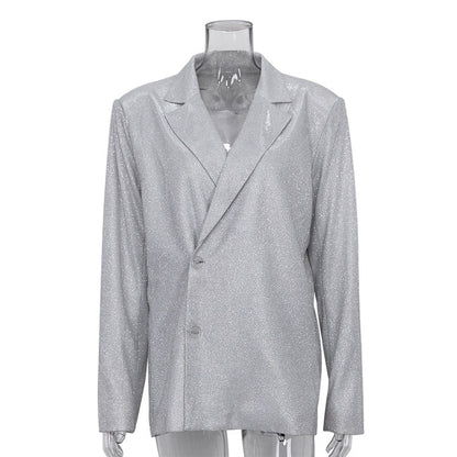 Silver Banquet Party Two Piece Pants Set Lapel Long Sleeve Blazer + High Waist Straight Pants 2022 Autumn Winter New