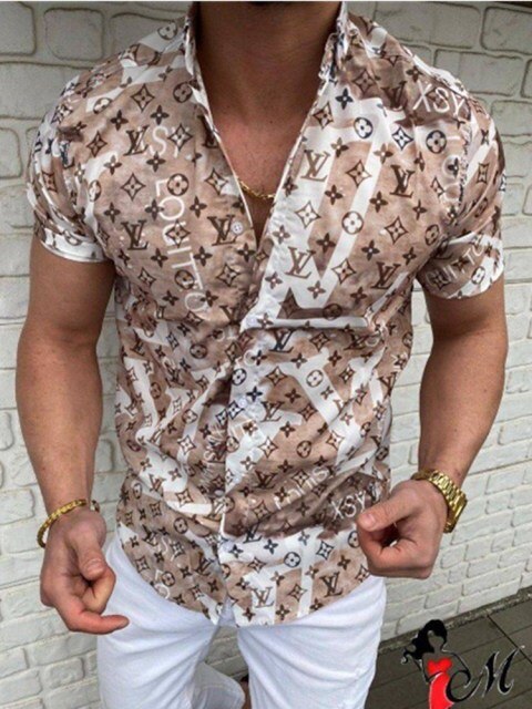 Hot Sale Men's Hawaii Shirt casual slim Turn-down Collar Short Sleeve Shirt Casual brand printed monogram shirt