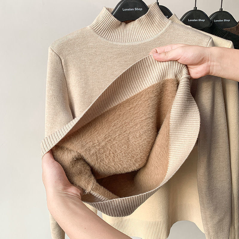 Winter Turtleneck Sweater Women Keep Warm Fleece Lined Knitted Pullovers Korean Fashion Velvet Basic Slim Knitwear Jumper Tops