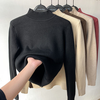 Winter Turtleneck Sweater Women Keep Warm Fleece Lined Knitted Pullovers Korean Fashion Velvet Basic Slim Knitwear Jumper Tops
