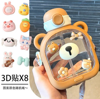 Cartoon Bear Children's Water Cup High-value Girls Straw Cup Outdoor Portable Large-capacity Messenger Plastic Water Bottle
