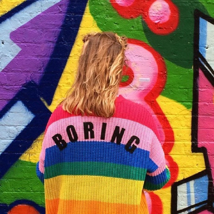 2020 new women's spring and autumn knit shirts, rainbow color strips, striped sweet cardigan sweater loose button buckle jacket