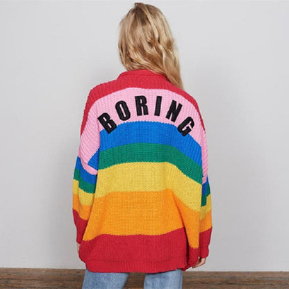 2020 new women's spring and autumn knit shirts, rainbow color strips, striped sweet cardigan sweater loose button buckle jacket
