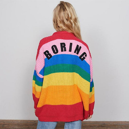 2020 new women's spring and autumn knit shirts, rainbow color strips, striped sweet cardigan sweater loose button buckle jacket