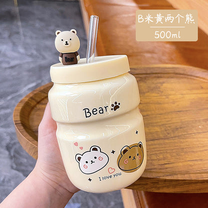 Cartoon Ceramic Straw Cup Cute High-value Bear Water Cup Mug Male and Female Student Household Cup Wholesale
