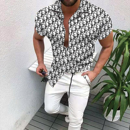 Hot Sale Men's Hawaii Shirt casual slim Turn-down Collar Short Sleeve Shirt Casual brand printed monogram shirt