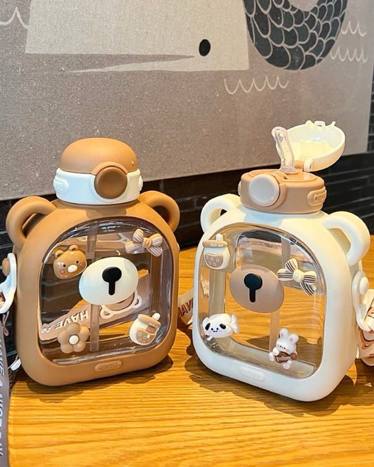 Cartoon Bear Children's Water Cup High-value Girls Straw Cup Outdoor Portable Large-capacity Messenger Plastic Water Bottle