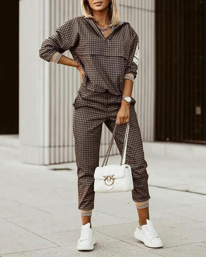 New Fashion Women Plaid Print Zipper Front Hooded Top & Pants Set Two Pieces Suit Flare Pants Outwear