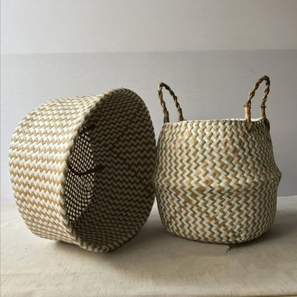 Foldable Handmade Seagrass Flower Pot Storage  Wicker Basket Rattan Straw Home Garden Wave Pattern Planter pots Laundry Basket