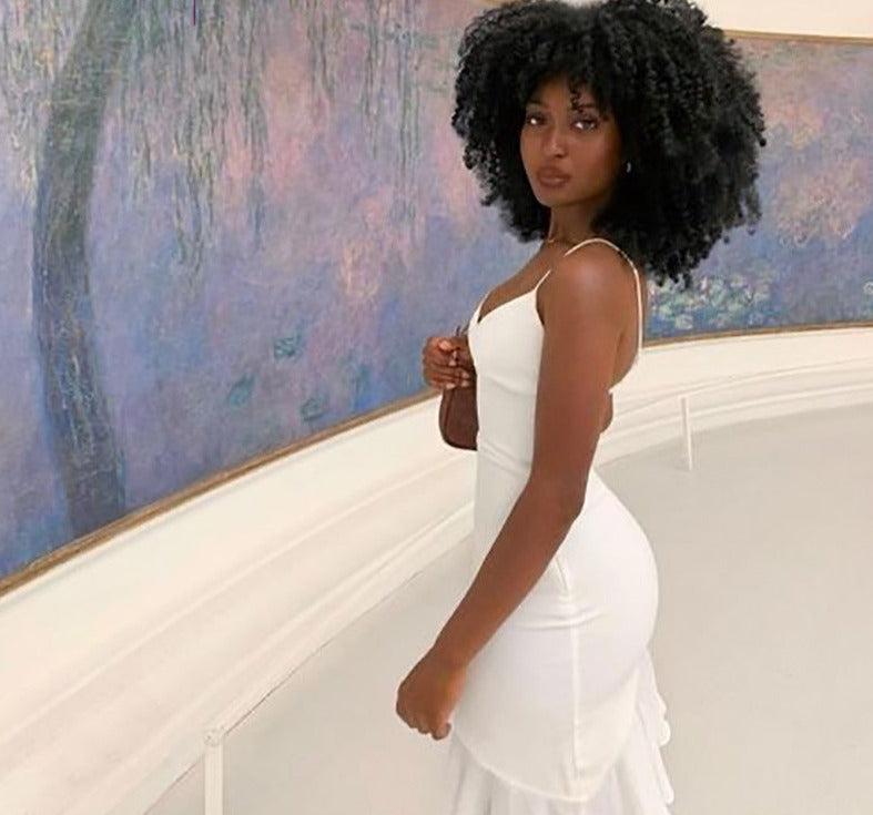 Purpdrank Elegant V Neck Ruffles Strap Sexy Bodycon Dress For Women 2023 Summer Sleeveless Office Lady Vintage Party White Dress