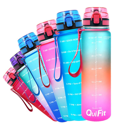 Quifit 1L lekkasjesikker Tritran. BPA-fri vannflaske med motivasjonstidsmarkør