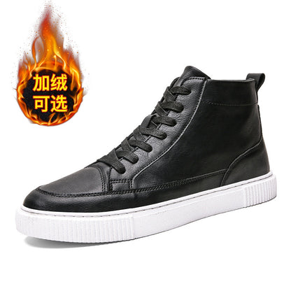 Leather shoes plus velvet warm high-top sneakers men's shoes autumn and winter men's casual Korean style sewing shoes all-match trendy shoes