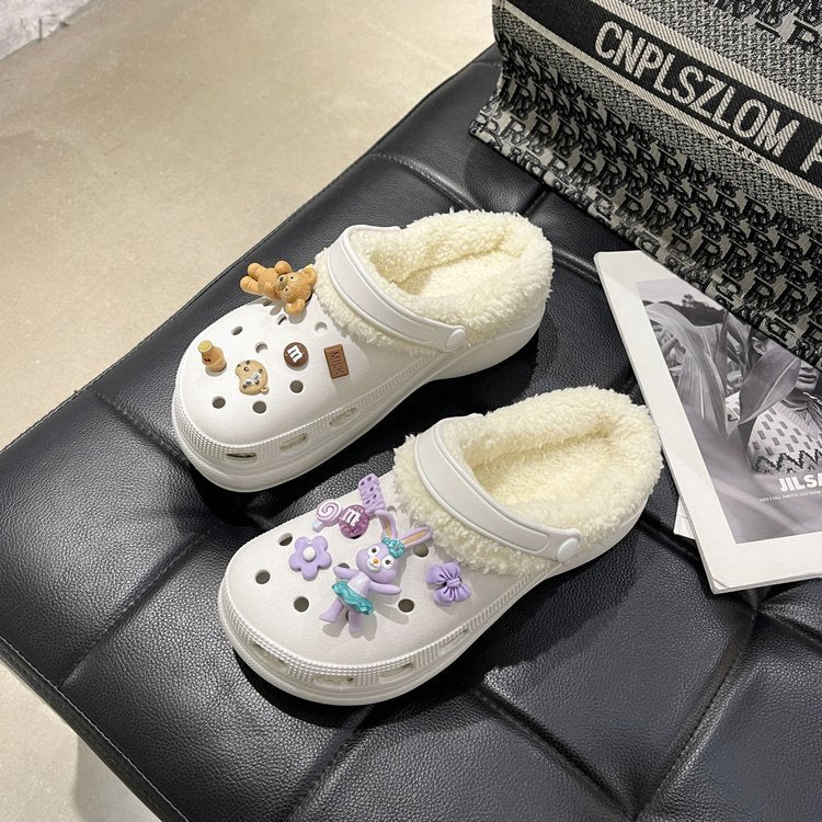 Autumn and winter new velvet thick bottom hole shoes female handmade DIY cartoon Korean version indoor and outdoor two wear a pedal cotton mop